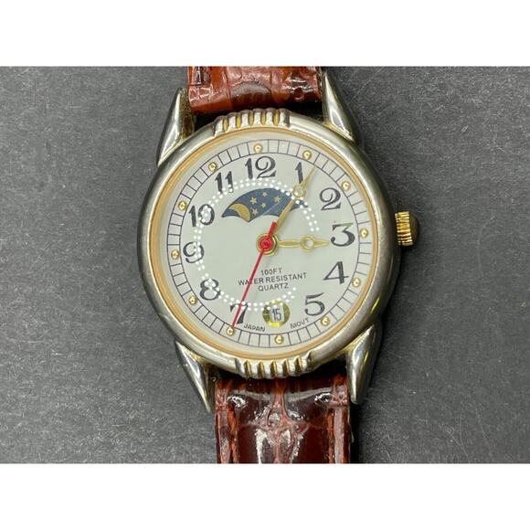 Vintage Advance Moon Phase Watch Women’s Silver And Gold Tone Brown Leather Band main image 7